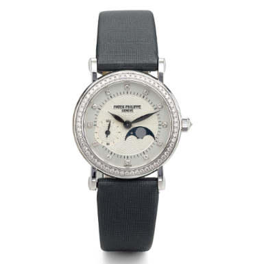 PATEK PHILIPPE - A LADY'S FINE WHITE GOLD AND DIAMOND-SET WRISTWATCH WITH MOON-PHASES CIRCA 2005 REF 4858G MVT 3117508 CASE 4338022
