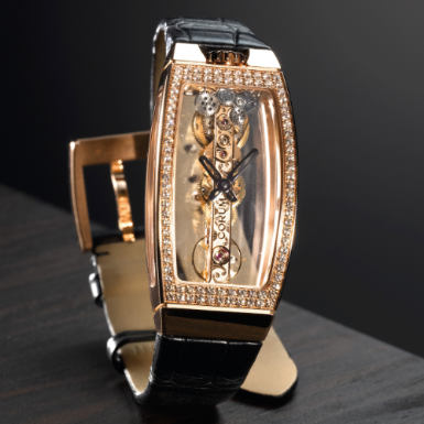 CORUM - A LADY'S FINE LIMITED EDITION PINK GOLD AND DIAMOND-SET TONNEAU-FORM SKELETONIZED WRISTWATCH CIRCA 2010 MISS GOLDEN BRIDGE NO 31/283