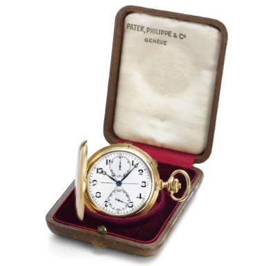 PATEK PHILIPPE - A RARE 18K YELLOW GOLD SPLIT SECONDS CHRONOGRAPH HUNTING-CASED KEYLESS LEVER WATCH WITH ENAMEL DIAL CIRCA 1893 REF 956 MVT 97119 CASE 258956