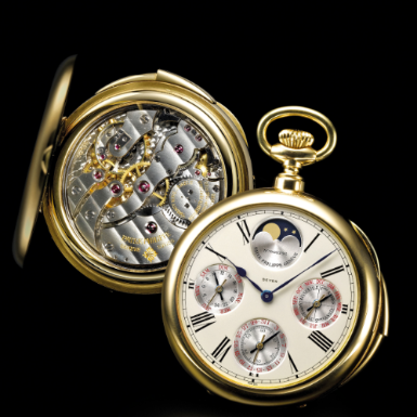 PATEK PHILIPPE - AN EXCEPTIONAL YELLOW GOLD OPEN-FACED MINUTE REPEATING PERPETUAL CALENDAR KEYLESS CHRONOMETER WATCH WITH MOON-PHASES, 24-HOUR INDICATION AND EARNSHAW-TYPE SPRING DETENT ESCAPEMENT CIRCA 1990 REF 961 MVT 866796 CASE 2837629 RETAILED BY BEY