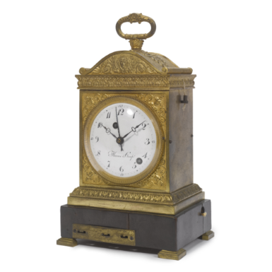 MEURON COMP. - A RARE GILT BRONZE AND MAHOGANY GRAND AND PETITE SONNERIE PENDULE D'OFFICIER WITH MUSIC, ALARM AND REPEAT CIRCA 1800