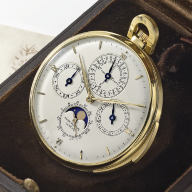 PATEK PHILIPPE - A FINE AND RARE 18K YELLOW GOLD OPEN-FACED MINUTE REPEATING PERPETUAL CALENDAR WATCH WITH MOON-PHASES 1931-1951 REF 699 MVT 198429 CASE 647093