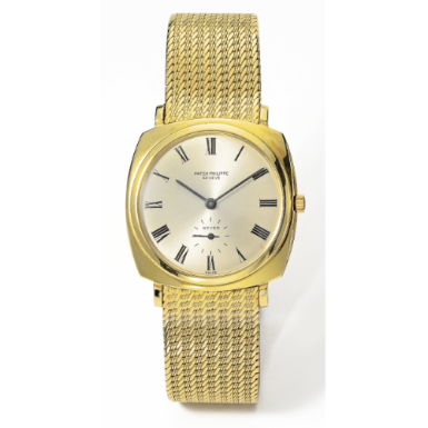 PATEK PHILIPPE - AN 18K YELLOW GOLD AUTOMATIC CUSHION-FORM WATCH WITH BRACELET, RETAILED BY BEYER 1967 REF 3525 MVT 1114979 CASE 518939