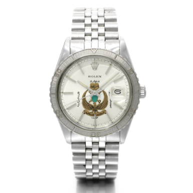Property from a collector of military and sports watches - ROLEX - A UNITED ARAB EMIRATES ARMED FORCES STAINLESS STEEL AUTOMATIC CENTRE SECONDS WRISTWATCH WITH DATE AND BRACELET CIRCA 1979 REF 16250 DATE-JUST