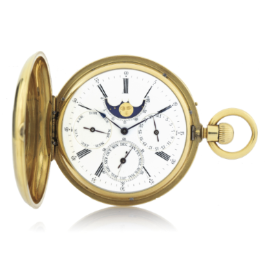 LOUIS AUDEMARS, BRASSUS - A FINE 18K GOLD HUNTING CASED KEYLESS LEVER WATCH WITH TRIPLE CALENDAR AND MOON PHASES CIRCA 1860 NO 10450