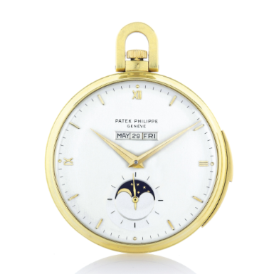 PATEK PHILIPPE - A FINE AND RARE 18K YELLOW GOLD OPEN-FACED MINUTE REPEATING PERPETUAL CALENDAR WATCH WITH MOON-PHASES 1956 REF 699 MVT 197907 CASE 687002