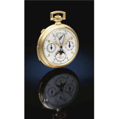 PATEK PHILIPPE - A FINE AND RARE 18K YELLOW GOLD OPEN-FACED MINUTE REPEATING PERPETUAL CALENDAR SPLIT SECOND CHRONOGRAPH WATCH WITH MOON-PHASES 1927-1957 REF 767 MVT 198106 CASE 687006