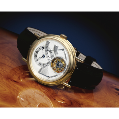 BREGUET - A FINE 18K YELLOW GOLD TOURBILLON WRISTWATCH WITH POWER RESERVE AND THERMOMETER CIRCA 2000 REF 3760 NO 581