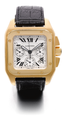 CARTIER - AN OVERSIZED 18K YELLOW GOLD AUTOMATIC CHRONOGRAPH WRISTWATCH WITH DATE AND REGISTERS CIRCA 2000 SANTOS 100