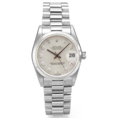 ROLEX - A MID-SIZED PLATINUM AUTOMATIC CENTER SECONDS WRISTWATCH WITH DATE, DIAMOND-SET INDEXES AND BRACELET CIRCA 1997 REF 68246 DATEJUST