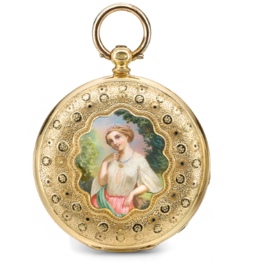 ROBERT BRANDT CO. - A YELLOW GOLD AND ENAMEL HUNTING-CASED LEVER PENDANT WATCH MADE FOR THE SPANISH MARKET CIRCA 1840