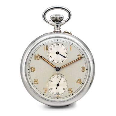 LONGINES - A STAINLESS STEEL OPEN-FACED KEYLESS WATCH WITH ALARM CIRCA 1920