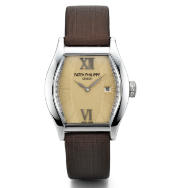 PATEK PHILIPPE - A LADY'S WHITE GOLD AND DIAMOND-SET TONNEAU-FORM WRISTWATCH WITH DATE CIRCA 2008 REF 4949G MVT 3160667 CASE 4427501