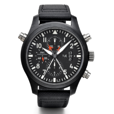 IWC - A BLACK CERAMIC AND TITANIUM AUTOMATIC SPLIT SECONDS CHRONOGRAPH WRISTWATCH WITH REGISTERS, DAY AND DATE CIRCA 2008 PILOT'S WATCH TOP GUN