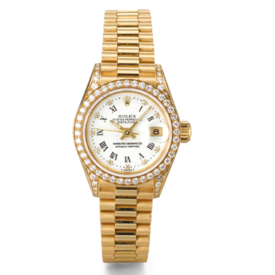 ROLEX - A LADY'S YELLOW GOLD AND DIAMOND-SET AUTOMATIC CENTER SECONDS WRISTWATCH WITH DATE AND BRACELET CIRCA 1991 REF 69158 DATEJUST