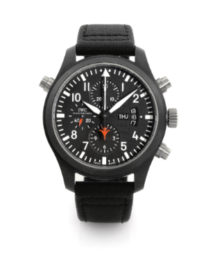 INTERNATIONAL WATCH CO. - A LARGE BLACK CERAMIC AUTOMATIC SPLIT CHRONOGRAPH WRISTWATCH WITH DAY, DATE AND REGISTERS CIRCA 2008 REF 377 TOP GUN PILOT'S WATCH