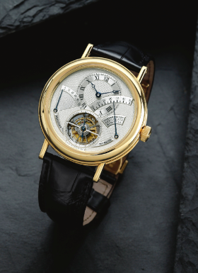 BREGUET - A FINE 18K YELLOW GOLD TOURBILLON WRISTWATCH WITH POWER RESERVE AND THERMOMETER CIRCA 2000 REF 3760 NO 581