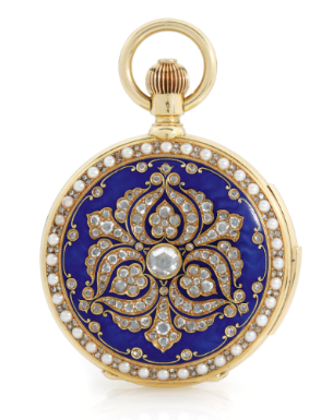 MARCKS CO LTD - AN 18K YELLOW GOLD, DIAMOND, ENAMEL AND PEARL-SET HUNTING CASED MINUTE REPEATING KEYLESS WATCH MADE FOR THE INDIAN MARKET CIRCA 1895