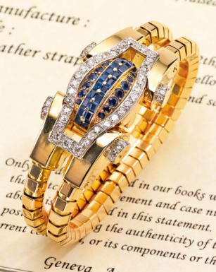 PATEK PHILIPPE - A LADY'S RARE 18K YELLOW GOLD DIAMOND AND SAPPHIRE-SET CONCEALED DIAL BRACELET WATCH 1947 REF 2255 MVT 942332 CASE 649725