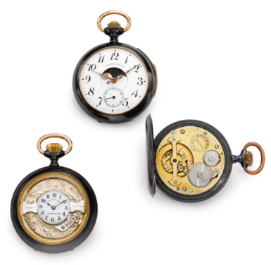 Property of the Descendants of Abe Secofsky - SWISS - TWO GUN METAL TOURBILLON WATCHES AND A GUN METAL QUARTER REPEATING DOUBLE DIAL CALENDAR WATCH WITH MOON PHASES CIRCA 1900