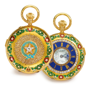Various Owners - MARCKS CO. L.D. BOMBAY POONA - ORDER OF THE STAR OF INDIA A RARE AND MAGNIFICENT 18K GOLD ENAMEL DIAMOND MINUTE REPEATING HUNTER CASED WATCH WITH PERPETUAL CALENDAR AND MOON PHASES, MADE FOR THE INDIAN MARKET CIRCA 1884 NO B/6352