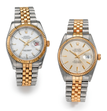 Property from the Collection of Edward P. Evans - ROLEX - A LOT OF TWO STAINLESS STEEL AND GOLD AUTOMATIC CENTER SECONDS WRISTWATCHES WITH DATE AND BRACELET CIRCA 1977 AND 2003 REF 2080 AND 16000