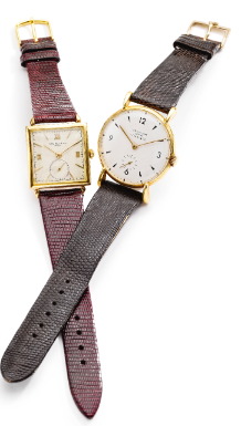 PATEK PHILIPPE - A GROUP OF TWO 18K YELLOW GOLD WRISTWATCHES 1944 REF 1432 MVT 901587 CASE 636330 1945 REF 1543 MVT 916761 CASE 637483