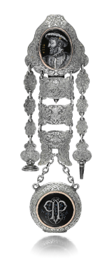 GUSTAVE SANDOZ, PARIS - A SILVER AND ENAMEL HALF HUNTER CASED WATCH WITH RENAISSANCE STYLE CHATELAINE CIRCA 1875