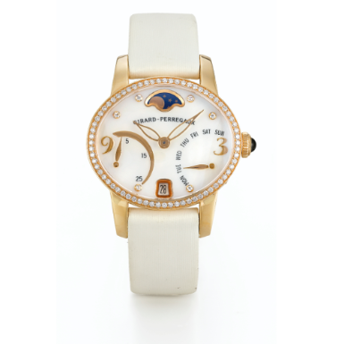 GIRARD-PERREGAUX - A LADY'S PINK GOLD AND DIAMOND-SET OVAL AUTOMATIC WRISTWATCH WITH MOON-PHASES, DATE, RETROGRADE SECONDS AND DAY AND MOTHER-OF-PEARL DIAL CIRCA 2008 CAT'S EYE BI-RETRO