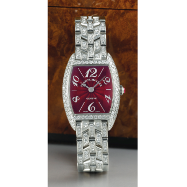 FRANCK MULLER - A LADY'S WHITE GOLD AND DIAMOND-SET WRISTWATCH WITH RED ENAMEL DIAL AND BRACELET CIRCA 2000 REF 2250 QZ D