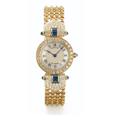 BREGUET - A LADY'S YELLOW GOLD, DIAMOND AND SAPPHIRE-SET WRISTWATCH WITH BRACELET CIRCA 2000