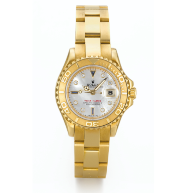ROLEX - A LADY'S YELLOW GOLD AUTOMATIC CENTER SECONDS WRISTWATCH WITH DATE, DIAMOND-SET INDEXES, MOTHER-OF PEARL DIAL AND BRACELET CIRCA 1996 REF 69628 YACHT-MASTER