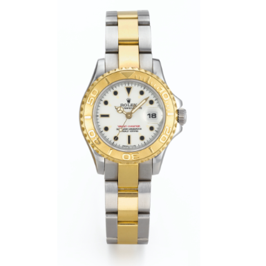 ROLEX - A LADY'S YELLOW GOLD AND STAINLESS STEEL AUTOMATIC CENTER SECONDS WRISTWATCH WITH DATE AND BRACELET CIRCA 1997 REF 69623 YACHT-MASTER