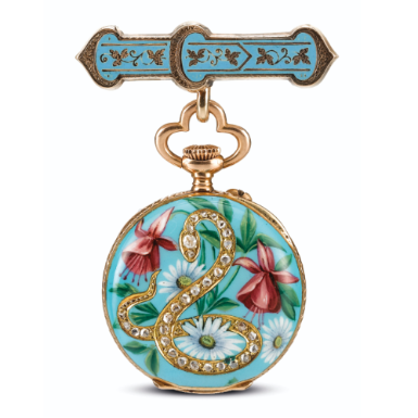 SWISS - A YELLOW GOLD, ENAMEL AND DIAMOND-SET OPEN-FACED KEYLESS FOB WATCH, RETAILED BY BEYER SOHN, ZURICH CIRCA 1900