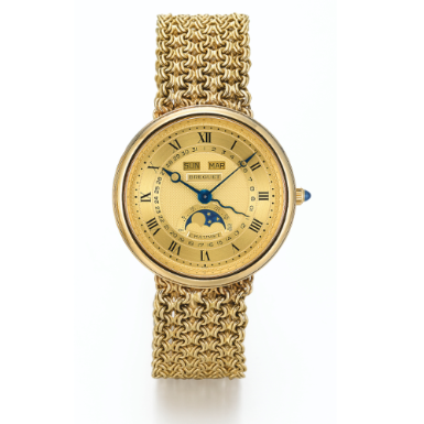 BREGUET - A YELLOW GOLD AUTOMATIC TRIPLE CALENDAR BRACELET WATCH WITH MOON-PHASES, RETAILED BY CHAUMET CIRCA 1990 REF 3462