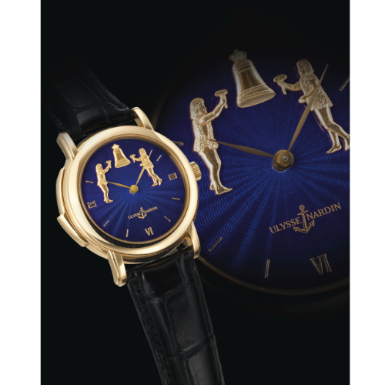 ULYSSE NARDIN - A FINE AND RARE PINK GOLD AUTOMATIC MINUTE REPEATING WRISTWATCH WITH AUTOMATON JACQUEMARTS AND ENAMEL DIAL CIRCA 1993 R