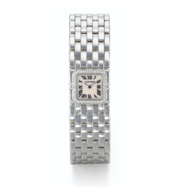 CARTIER - A LADY'S WHITE GOLD AND DIAMOND-SET SQUARE WRISTWATCH WITH BRACELET AND MOTHER-OF-PEARL DIAL CIRCA 2000