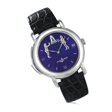 ULYSSE NARDIN - A FINE AND RARE WHITE GOLD AUTOMATIC MINUTE REPEATING WRISTWATCH WITH AUTOMATON JACQUEMARTS AND ENAMEL DIAL CIRCA 1995 R