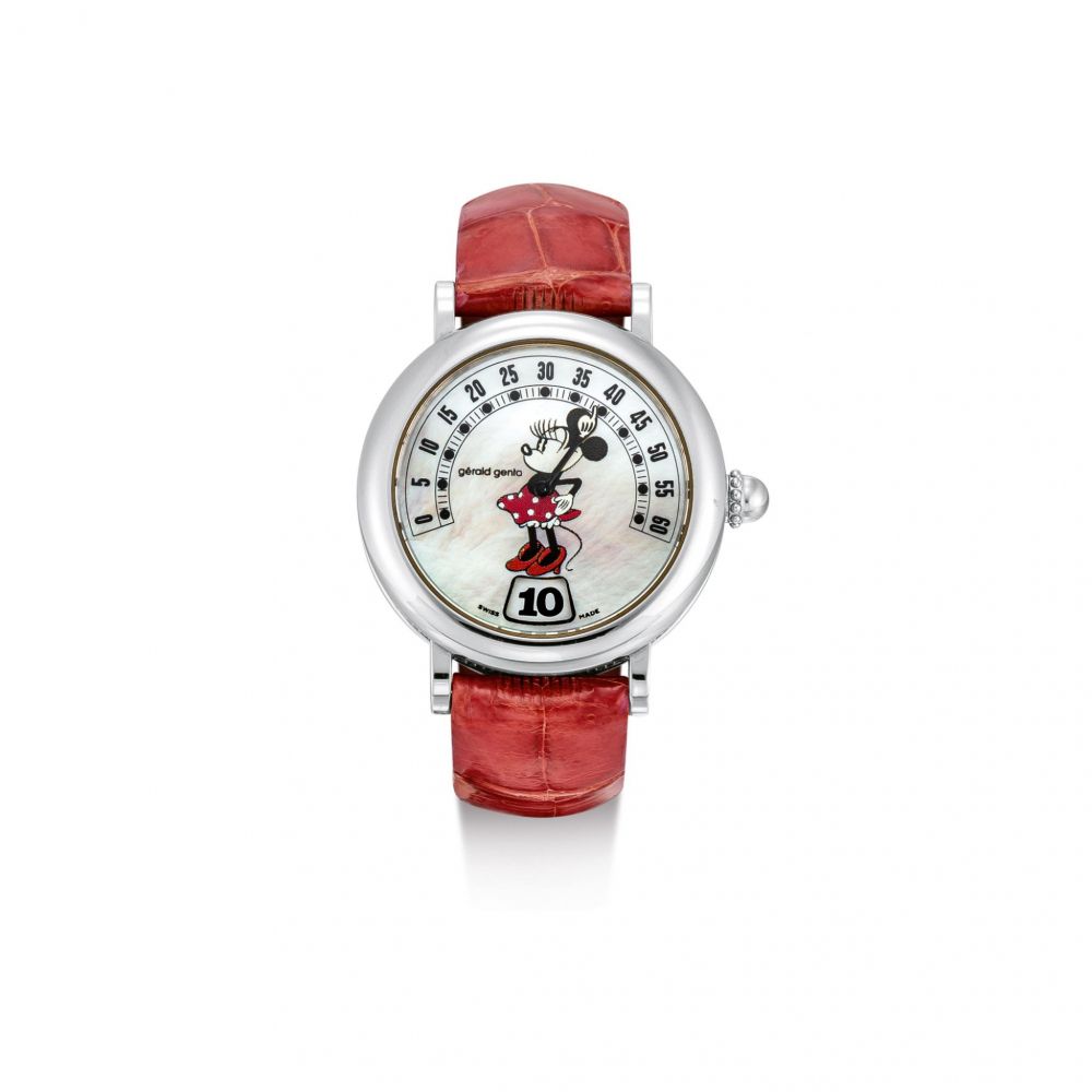 GERALD GENTA | FANTASY RETRO MINNIE MOUSE, REFERENCE G3612, A STAINLESS STEEL JUMPING HOUR WRISTWATCH WITH RETROGRADE MINUTES AND MOTHER-OF-PEARL DIAL, CIRCA 2000 | Fantasy Retro Minnie Mouse 型號G3612 精鋼跳時腕錶，備逆跳分鐘及珠母貝錶盤，錶殼編號75689，約2000年製