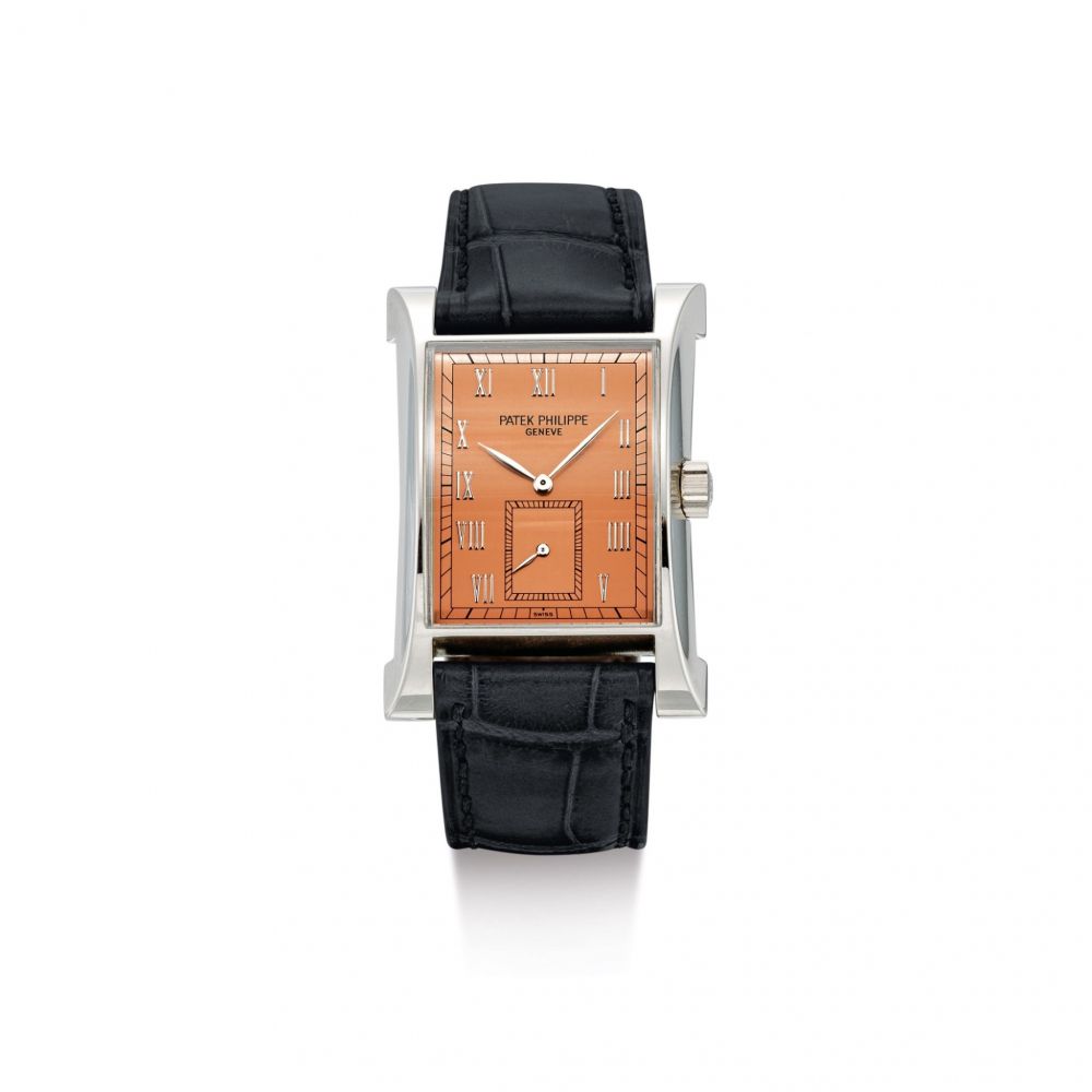 PATEK PHILIPPE | PAGODA, REFERENCE 5500, A LIMITED EDITION WHITE GOLD WRISTWATCH WITH SALMON DIAL, MADE TO COMMEMORATE THE OPENING OF PATEK PHILIPPE'S WATCHMAKING CENTRE IN GENEVA IN 1997, MADE IN 1997 | 百達翡麗 | Pagoda 型號5500 限量版白金腕錶，備鮭魚色錶盤，為慶祝百達翡麗日內瓦製錶中心開