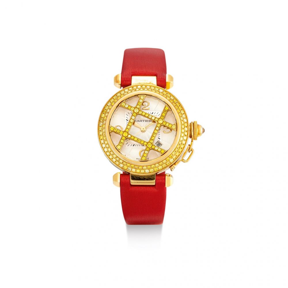 CARTIER | PASHA, REFERENCE 2399, A YELLOW GOLD AND YELLOW DIAMOND-SET WRISTWATCH WITH DATE, CIRCA 2000 | 卡地亞 | Pasha 型號2399 黃金鑲黃鑽石腕錶，備日期顯示，錶殼編號300441MG，約2000年製