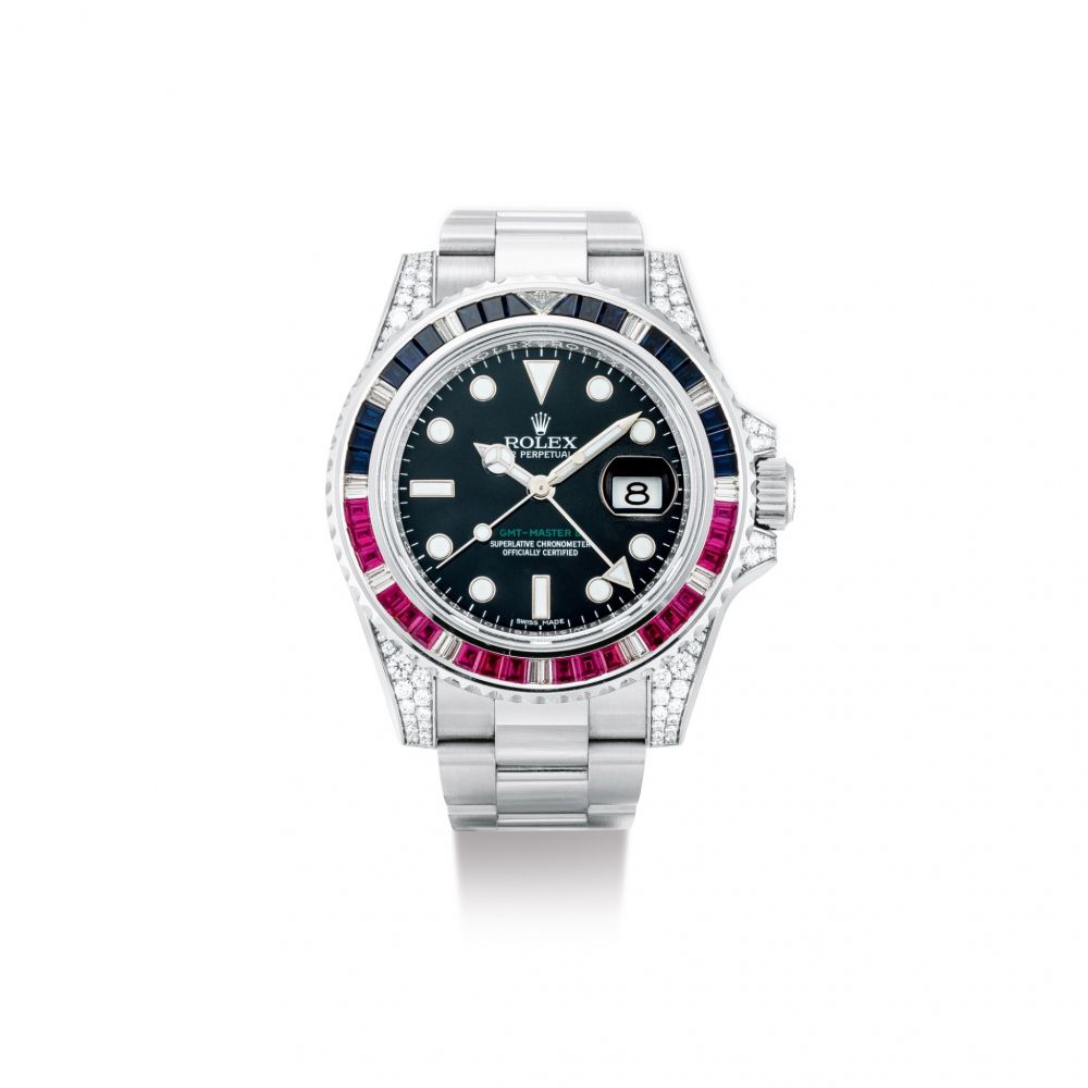 ROLEX | GMT-MASTER II 'SARU', REFERENCE 116759, A WHITE GOLD, DIAMOND, SAPPHIRE AND RUBY-SET DUAL TIME ZONE WRISTWATCH WITH DATE AND BRACELET, CIRCA 2012 | 勞力士 | GMT-Master II 型號116759 SARU 白金鑲鑽石、藍寶石及紅寶石兩地時間鏈帶腕錶，備日期顯示，錶殼編號2W316610，約2012年製