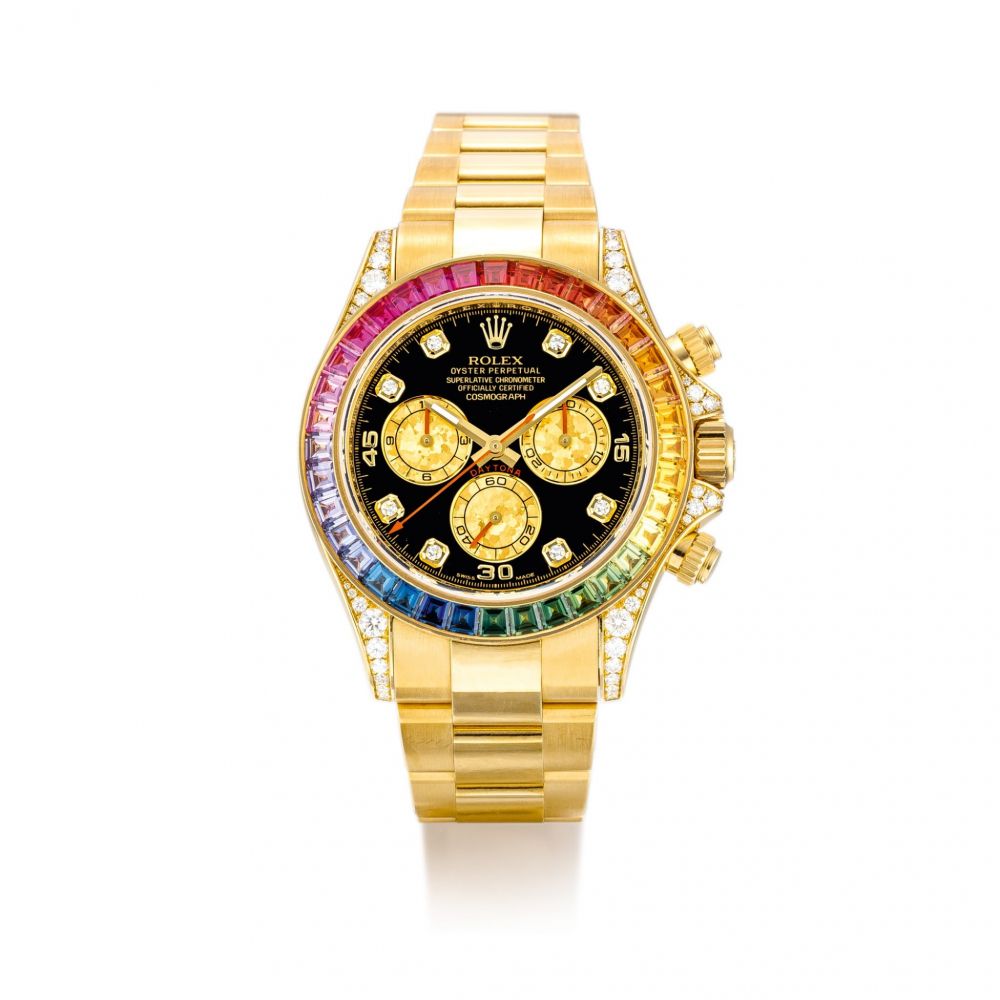 ROLEX | COSMOGRAPH 'RAINBOW' DAYTONA, REFERENCE 116598RBOW, A YELLOW GOLD, DIAMOND AND MULTI-COLOURED SAPPHIRE-SET CHRONOGRAPH WRISTWATCH WITH BRACELET, CIRCA 2013 | 勞力士 | Cosmograph Rainbow Daytona 型號116598RBOW 黃金鑲鑽石及寶石計時鏈帶腕錶，錶殼編號5C379106，約2013年製