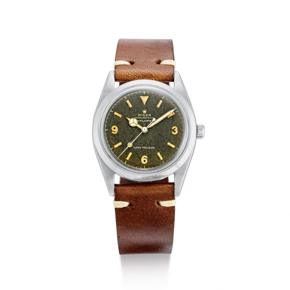 ROLEX | EXPLORER, REFERENCE 5504, A STAINLESS STEEL WRISTWATCH WITH TROPICAL DIAL, CIRCA 1958 | 勞力士 | Explorer 型號5504 精鋼腕錶，備棕色錶盤，錶殼編號371037，約1958年製