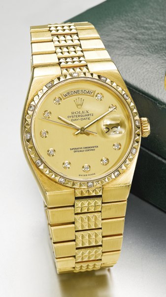 Rolex AN 18K YELLOW GOLD AND DIAMOND-SET CENTER SECONDS WRISTWATCH WITH DAY, DATE AND BRACELET CIRCA 1985 REF 19038 OYSTERQUARTZ DAY-DATE CASE 9153949