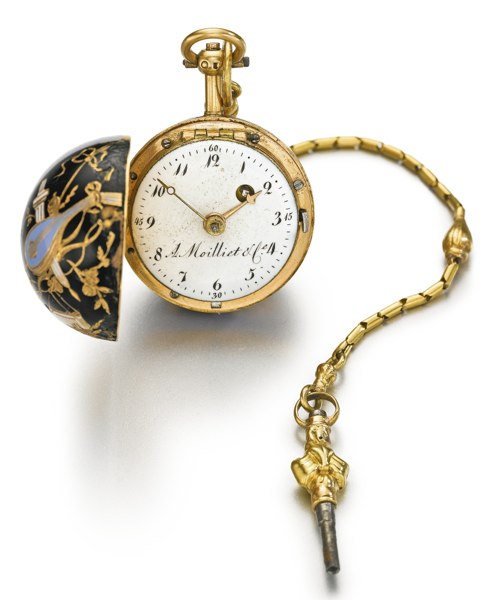 A Moilliet Cie A YELLOW GOLD AND ENAMEL BALL-FORM VERGE WATCH CIRCA 1790