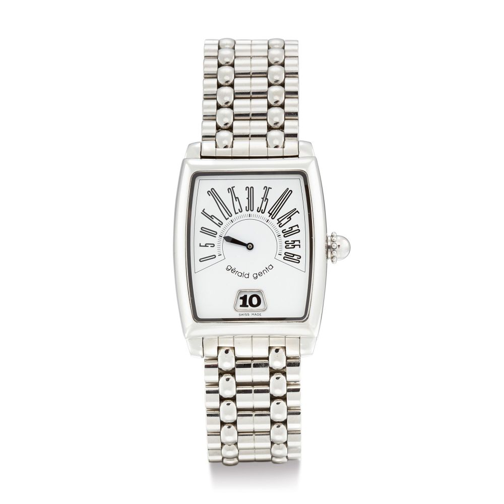 GERALD GENTA | RETRO SOLO, REFERENCE G.3671 | A STAINLESS STEEL JUMPING HOUR WRISTWATCH RETROGRADE MINUTE AND BRACELET, CIRCA 1992 | Retro Solo型號G.3671 精鋼跳時鏈帶腕錶，備逆跳分鐘，約1992年製