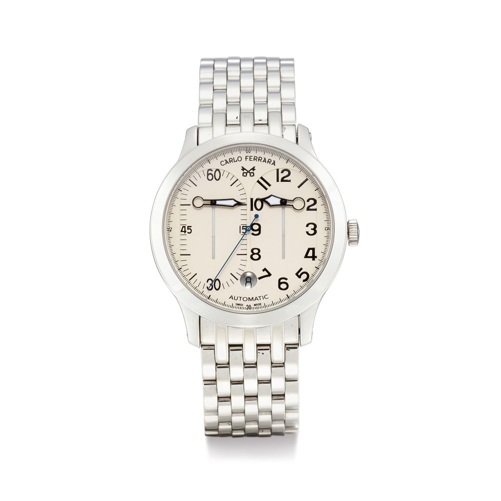 CARLO FERRARA | REGULATORE, REFERENCE MCMXCVII | A STAINLESS STEEL WRISTWATCH WITH DATE, REGULATOR DIAL AND BRACELET, CIRCA 2005 | Regulatore 型號MCMXCVII 精鋼鏈帶腕錶，備日期顯示及三針一線錶盤，約2005年製