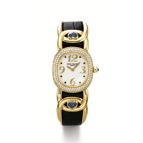 Patek Philippe A LADY'S YELLOW GOLD SAPPHIRE AND DIAMOND-SET WRISTWATCH WITH MOTHER-OF-PEARL DIAL MADE IN 1995 REF 4834 MVT 1625987 CASE 2966429 ELLIPSE