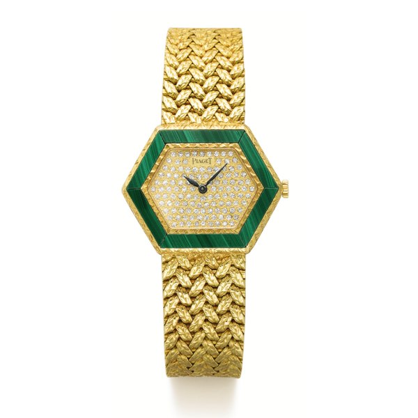 Piaget A LADY'S YELLOW GOLD AND MALACHITE BRACELET WATCH WITH DIAMOND-SET DIAL CIRCA 1978 REF 9553 D2 SERIAL 319487
